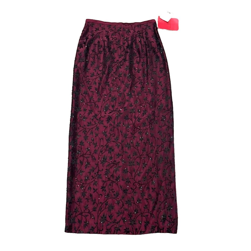 JS Collections Maxi Skirt 6 Red Burgundy Beaded Floral Formal Prom Wedding NEW